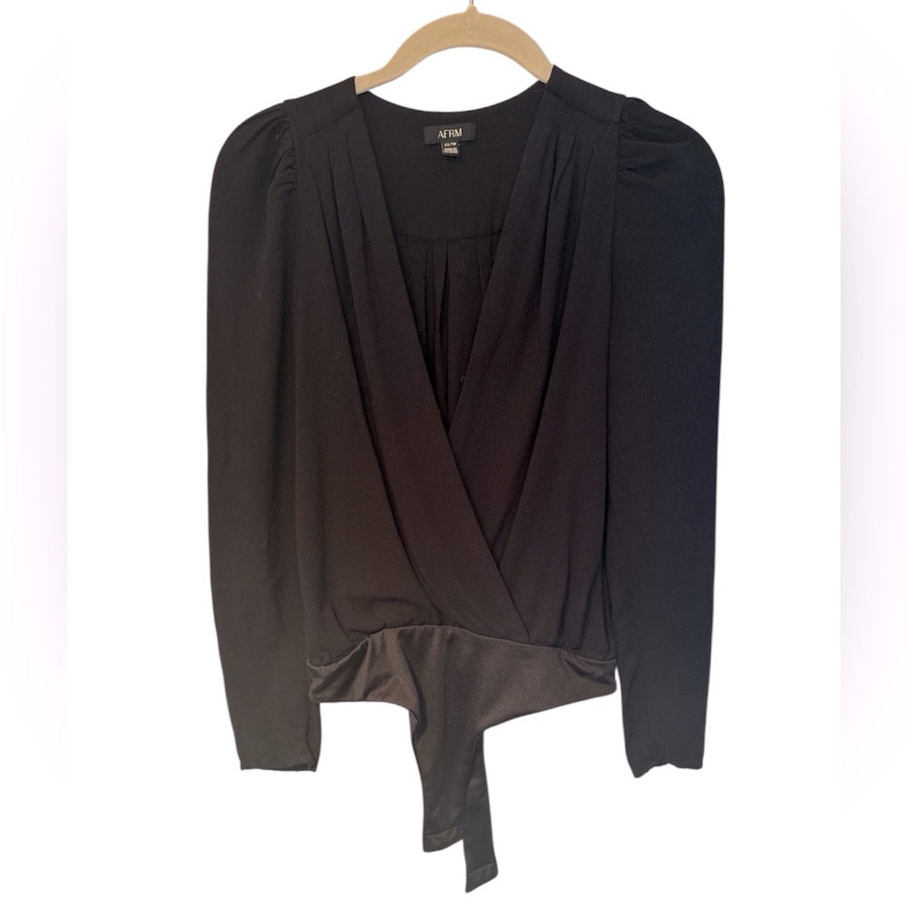 AFRM Black V-Neck Long Sleeve Blouse bodysuit puff shoulders XS